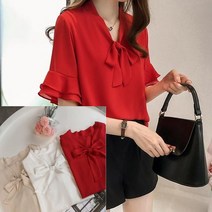 화이트 레드 베이지 리본 프릴 반팔 블라우스 20대 여성 단아한 스타일리쉬한 정장 룩 오피스 결혼식 하객 데이트 모던 심플 고급진 V넥 캐주얼 러플 예쁜 여자 러블리 브라우스