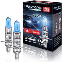 2x H1 12V 55W 다이아몬드 비전 크세논 모양 효과 할로겐 자동차 램프 전구 광학 슈퍼 울트라 화이트 8500k 로우 빔 하이 빔 안개등 콜드 화이트 화이트 라이트 화이트 듀오 박스 P14.5S-37702, H8 - 2팩 - 8500K