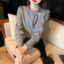 봄 디자인 감각 작은 퍼프 소매 긴 체크 셔츠 상의녀