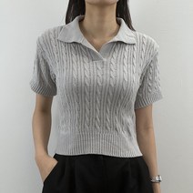 룩시 여름 여성 꽈배기 니트 카라 반팔 티셔츠