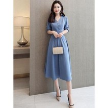 여성원피스 가을원피스 파란 드레스 여성 2020 새로운 가을 옷 허리와 얇은 기질 여신 팬 지안