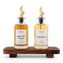 Halomoon 주방용 올리브 오일 디스펜서 병 무게감 있는 스테인리스 스틸 푸어러 오일 및 식초 디스펜서 유리병 2개 세트 라벨 334.5g(11.2온스) 30개 포함, 350ml, Gold + Wood Riser