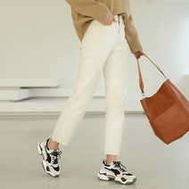 플레이팝 여성용 크림컬러 기모안감 속밴딩 밑단컷팅 하이 세미일자 면팬츠