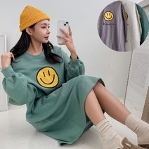 [프롬제니] 기모 빅사이즈 가능 큐디스 스마일 레터링 박시 롱 원피스 겨울 맨투맨 시보리 홈원피스 홈웨어 임부복 데일리 77 88사이즈 박스핏 임산부 라운지원피스 실내복 원마일웨어