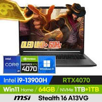 [사은품 증정!] MSI Stealth 16 Mercedes-AMG Motorsport 윈도우11 고사양 게이밍 영상편집 16인치 노트북 (코어i9-13900H/RTX4070), Stealth 16 A13VG, 윈도우 포함, 64GB, 2TB, 코어i9, 그레이