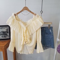 상상그이상 여성용 오프숄더 끈블라우스 왕프릴 셔링 파스텔 블라우스 여리여리 끝판왕 페미닌룩