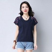 브라우스 하객룩 블라우스 기본 해외여행여름옷 봄 데이트룩 Blusas 새 여름 셔츠 패션 캐주얼 o-넥 숙 녀 탑 꽃 자 수 솔리드 의류 0284