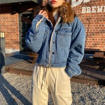 리얼 폭시퍼 양털 뽀글이 안감 데님 크롭 청자켓