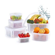 LUXEAR 과일 채소 농산물 보관 세이버 용기 뚜껑 및 소쿠리 5팩 BPA 프리 플라스틱 프레시 키퍼 세트 - 냉장고 정리함 샐러드 베리 양상추 음식 고기 생선 셀러리용, 화이트.
