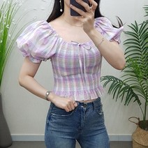 제이후 여름 체크 스모크 밴딩 프릴 숏 귀여운 퍼프 반팔 오프숄더 크롭 블라우스
