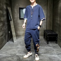 남성 개량 계량 생활한복 린넨 정장 남성용 반팔 티셔츠 여름오버핏 빅 사이즈 면 린넨 투피스 정장