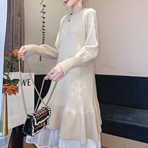 HONGKANG 여성 라운드넥 밑레이스 캐주얼 롱 니트 원피스 빅사이즈