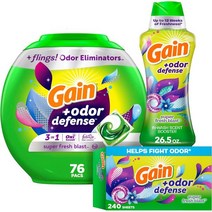 Gain 게인플링스 냄새 방어 기능이 있는 세탁 세제 팩 슈퍼 프레시 블라스트 76 Ct + 게인 향 부스터 비드 26.5 oz 건조기 시트 240, Super Fresh Blast Bundle: Gain