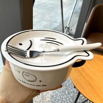 일본 감성 면기 세라믹 고양이 물고기 라면 그릇 접시, 고양이 그릇 물고기 접시 뚜껑 + 포크