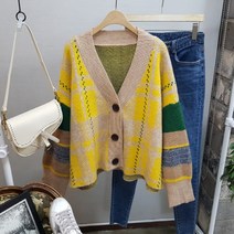 상상그이상 여성용 도톰한 브이넥 체크 배색 루즈핏 빅사이즈 가디건