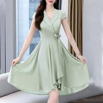 여성원피스 우아한 패션 v 넥 솔리드 컬러 반팔 쉬폰 엠파이어 드레스 보우 벨트 a 라인 스커트 여름 신제품 여성 의류 2022