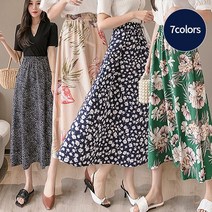 여성 여름 시원한 냉감 쿨 허리밴딩 플라워패턴 롱스커트 7colors 빅사이즈 바캉스룩 비치룩 마실룩 스커트 꽃무늬 쉬폰 여신 플레어스커트 아이스 밴딩롱치마
