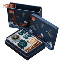 HOLIDIS 다도세트 다기+차+향로 다기 선물 세트 명절 선물 4인, 검푸른 빛깔+집게+향로