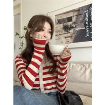 여성 크롭 가디건 라운드넥 봄 빈티지 스트라이프 숏 라운드 니트 긴팔