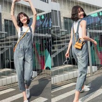 HACHO_ 와이드청바지 공용와이드청바지 청멜빵반바지 커플와이드청바지 멜빵데님