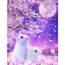 보름달 수양벚나무 아래 꽃잎 이불을 덮은 토끼 보석십자수 전체수 풍경 동물 큐빅페인팅 재료, 사각비즈60X80cm