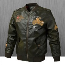 봄과 가을 유럽과 미국 남자 가죽 의류 자켓 슬림 스탠드 칼라 Pu 대형 캐주얼 오토바이, 3XL은 약 165캐티에 적합합니다., 육군 녹색 오토바이