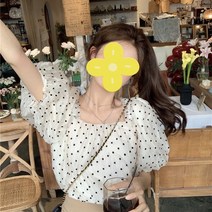 FUGU PaoPao 반팔퍼프블라우스 여성반팔블라우스 도트 톱 스퀘어 칼라 톱 Q-212