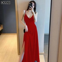 DFMEI 프렌치풍 슬림 숄더 브이넥 나시 원피스 여 여름 순색 조거 날씬해 보이고 등 트임 롱