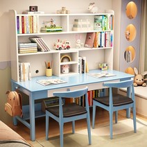 쌍둥이책상 책장 홈 침실 중학교 학생 학습 테이블 롱 바 컴퓨터 테이블이있는 단단한 나무 더블 데스크 책장 테이블 선반 테이블, blue와 흰색 white 단단한 나무 테이블, 160x60x190cm