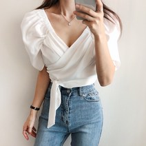 청순글램룩 퍼프 크롭 리본 랩 블라우스(bl693)