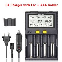 인산철 배터리 시동 충전기 리튬 이온/IMR/INR/ICR/LiFePO4 용 자동차 방전기 Miboxer C4 VC4 LCD 스마트 18650 14500 26650 AAA 100-, [03] C4 with Car charger, [02] EU plug