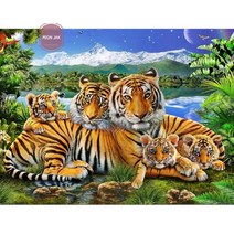 화목한 호랑이 가족 그림 보석십자수 특 대형 집에서할수있는 취미, 단일사이즈, A 40x70cm