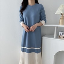 위시엘 살랑살랑 배색 플리츠 주름 밑단 A라인 플레어 롱 원피스