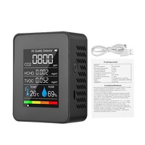 복합가스측정기 이산화탄소측정기 일산화탄소감지기 air quality monitor indoor co2 detector 5 in 1 formaldehyde hcho tvoc 온도, 검은색