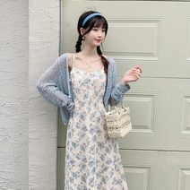 플라워 뷔스티에원피스 캐쥬얼 프렌치 첫사랑 멈추다 부스지다 꽃 끈나시 슬립 롱 블루 여성 디자인감각 3974651939