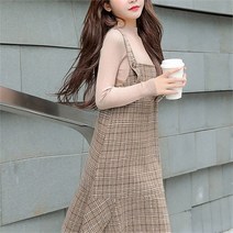 [] 데일리 청순한 뷔스티에 멜빵 체크 브라운 민소매 원피스