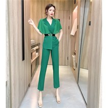 Crzen 여름 여자 직업정장 반팔 정장코트+팬츠 투피스 23N3