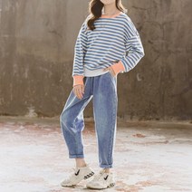 여아 캐주얼 스트라이프 티셔츠 데님 팬츠 투피스 세트 루팅