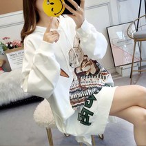 루즈 핏 토끼 프린팅 긴팔 롱 후드 티 오버핏 시보리 티셔츠 하의 실종 옆 트임 원피스