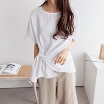 여성 데일리 여름 블라우스 셔츠 고리 셔링 린넨