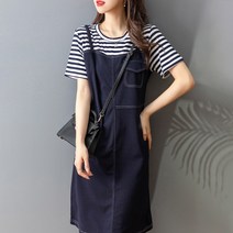 스타일아유 페이크 투피스 줄무늬 데님 반팔 원피스 여성 여름 와이드 루즈핏 미디 롱 블루 청원피스