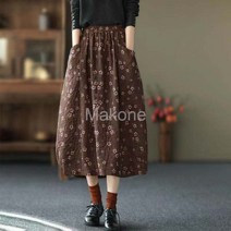 Makone 여성 스커트 반신 스커트 프린트 스커트 롱스커트 플리츠 스커트면 함유 빈티지 플라워 스커트 여중 롱 여름 에스닉 루즈핏 날씬해 보이는 꽃봉오리 스커트