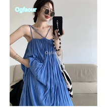 Ogfaour 블루 주름 나시 스커트 여 여름 해변 바캉스 원피스 롱 비치 스커트 A23072602