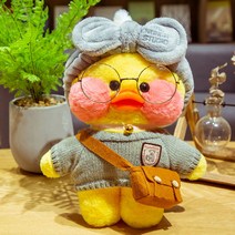 PKTOYS DIY 행운 예쁘다 귀여 오가닉볼 빵빵덕 오리 인형 옷 애착 생일 선물 J10, 노란색 오리 회색 문자 회색 스웨터 갈색 가방 안경