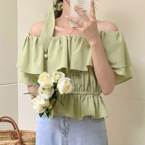 스타일아유 여름 여성 시원한 쉬폰 프릴 허리 셔링 반팔 크롭 밴딩 어깨 오프숄더 블라우스 2color