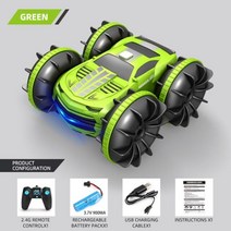 양면 수륙양용 RC 스턴트 카 2 in 1 보트 2.4GHz 360 ° 회전 LED 조명 모든 지형 선물, CHINA, green-1 controller