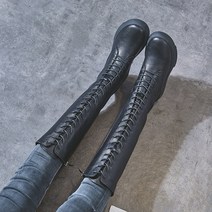 도오빠 엘리즈 여성 기모 롱 부츠 가죽 니하이 워커 레이스업 단화 통굽 키높이 3CM 가을 여자롱부츠