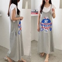 쉬즈미 / (OPS-786)스타 끈나시 롱원피스 티셔츠세트 반팔 멜빵