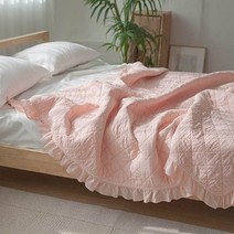 목화솜 누빔 워싱 스프레드 침대 패드 60수 프릴 얇은 이불, 코랄 핑크