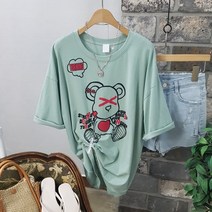 상상그이상 여성용 국내제작 찰랑 쿨하트신 반곰 오버핏 반팔티 귀여운 면티셔츠 스타일리쉬 프린팅 캐주얼 사계절 티셔츠